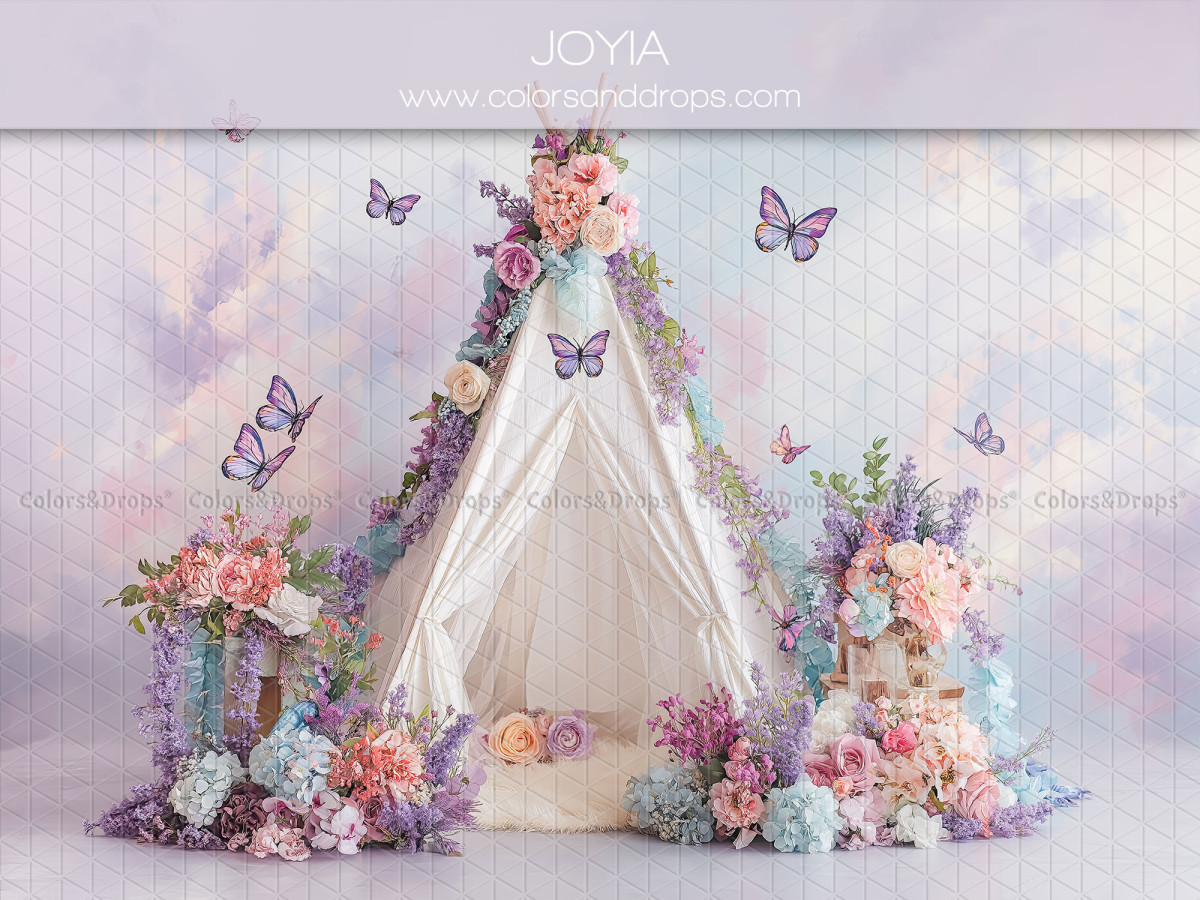 Fondo fotográfico para el Día de la Madre y del Padre Joyia – tipi florido con mariposas sobre fondo lila | Colors&Drops