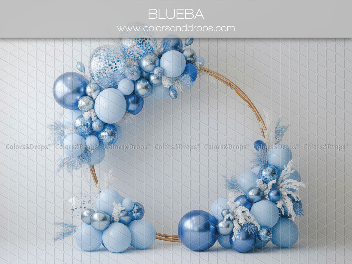 Fondo fotográfico de bebé y smash cake Blueba – aro dorado con globos azules | Colors&Drops