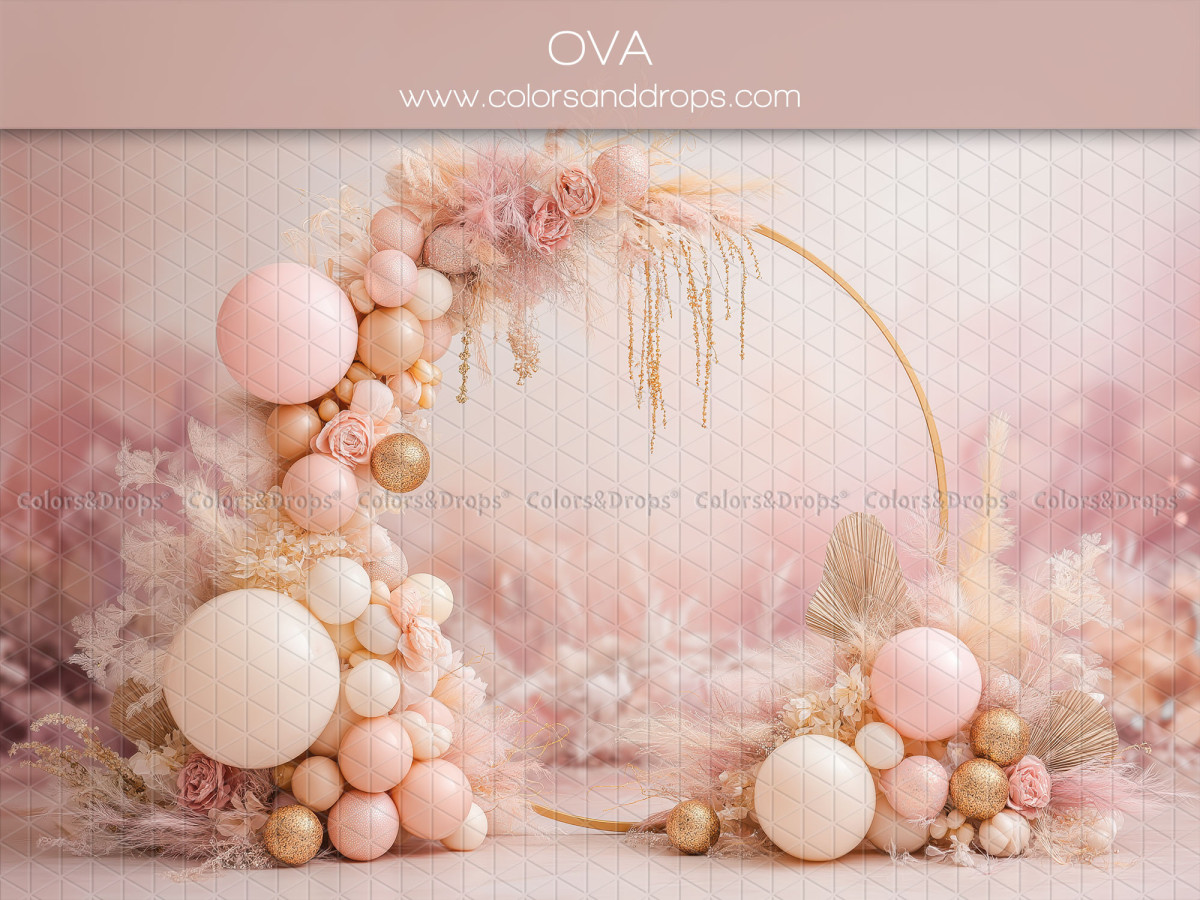 Fondo fotográfico de bebé y smash cake Ova – aro dorado con globos rosas y pampa | Colors&Drops