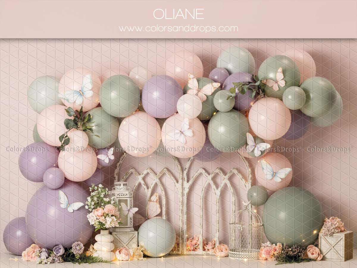 Baby & cake smash photo backdrop Oliane – sage and mauve balloon arch with window | Colors&Drops
