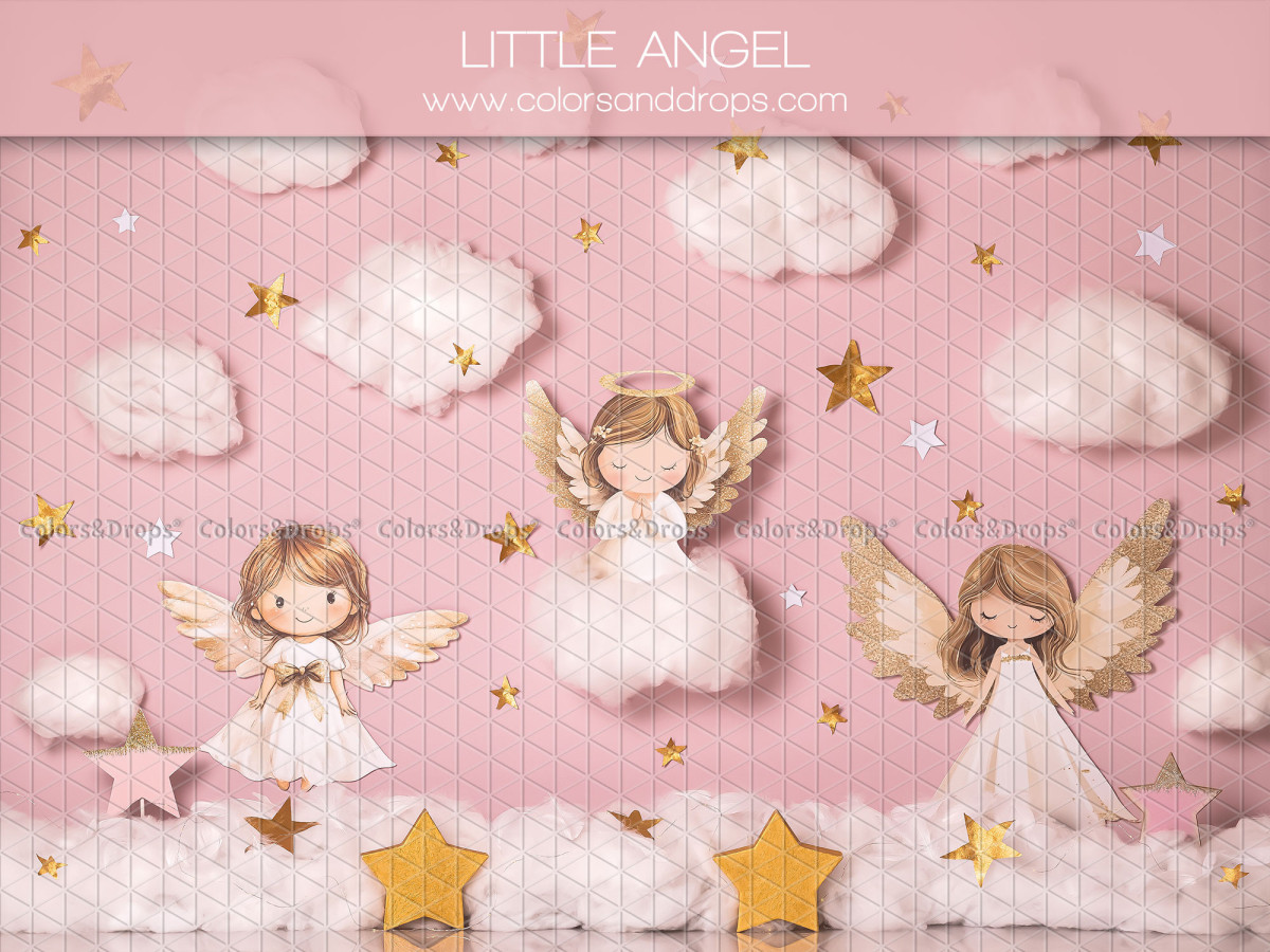 Fond photo bébé et smash cake Little Angel – ciel rose avec nuages, anges et étoiles dorées | Colors&Drops