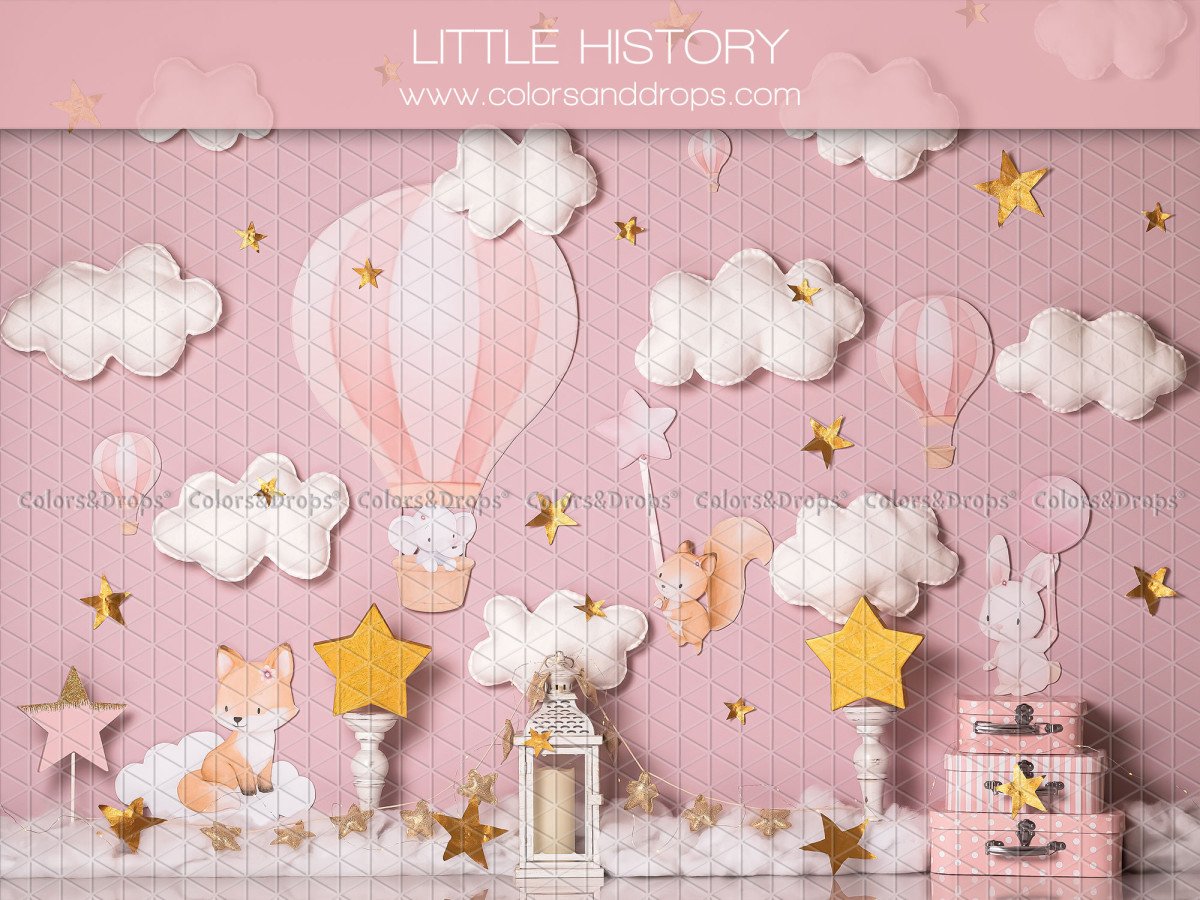 Baby & cake smash photo backdrop Little History – pink sky with clouds, hot air balloon and animals | Colors&Drops