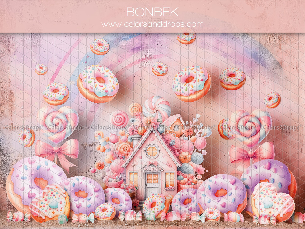 Baby & cake smash photo backdrop Bonbek – candy house with giant donuts and lollipops | Colors&Drops