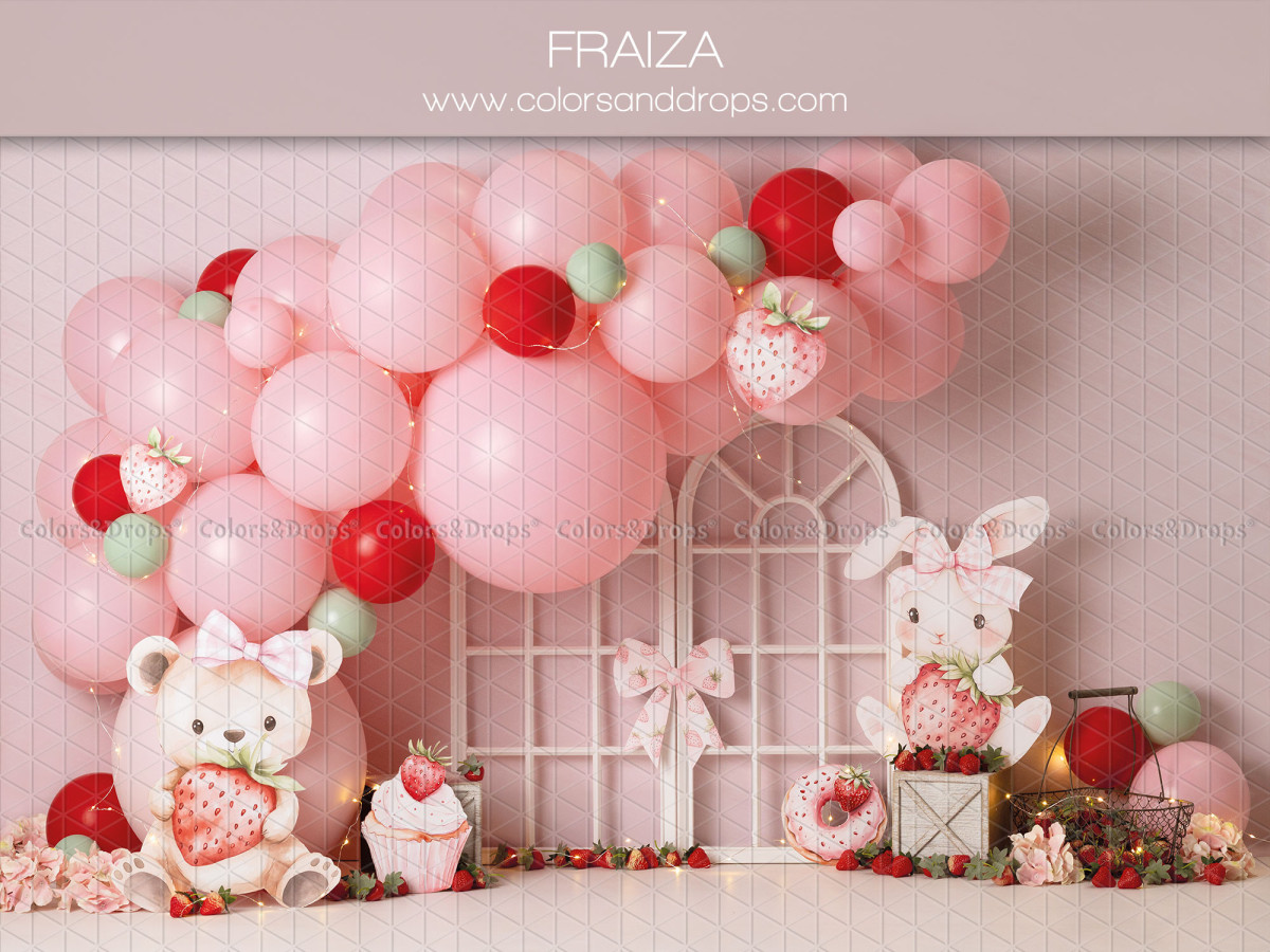 Baby & cake smash photo backdrop Fraiza – pink and red balloon arch with teddy bear and window | Colors&Drops