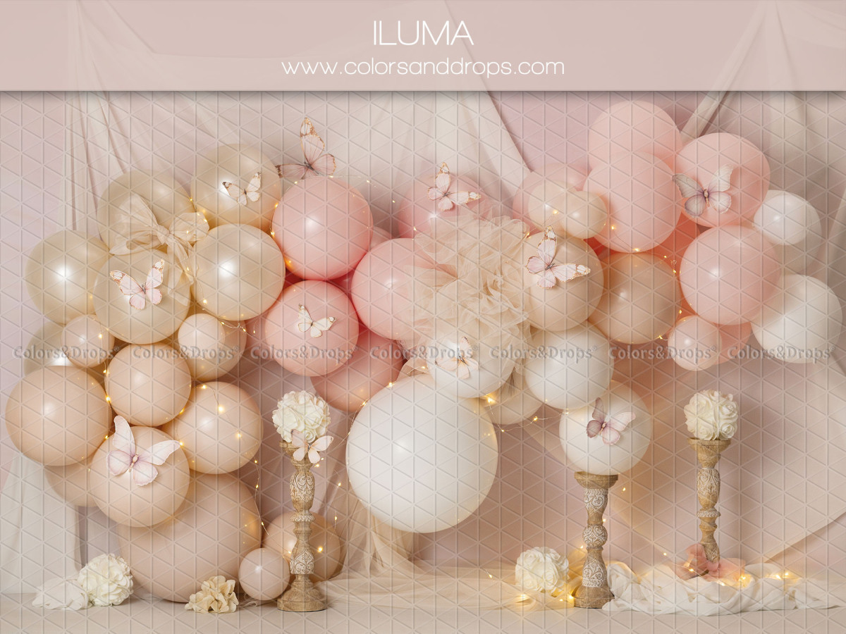 Baby & cake smash photo backdrop Iluma – cream and pink balloon arch with flowers | Colors&Drops