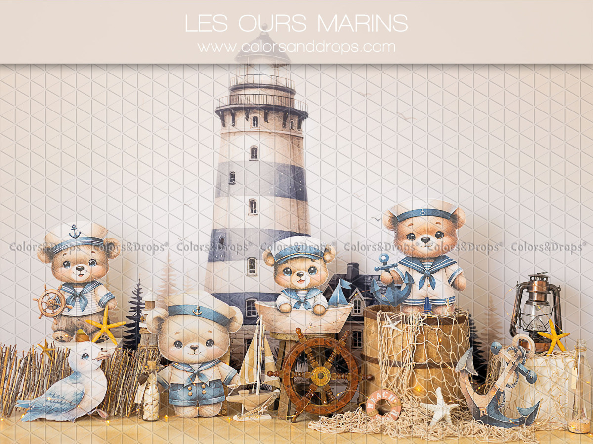 Baby & cake smash photo backdrop Les Ours Marins – lighthouse with sailor teddy bears and ship wheel | Colors&Drops