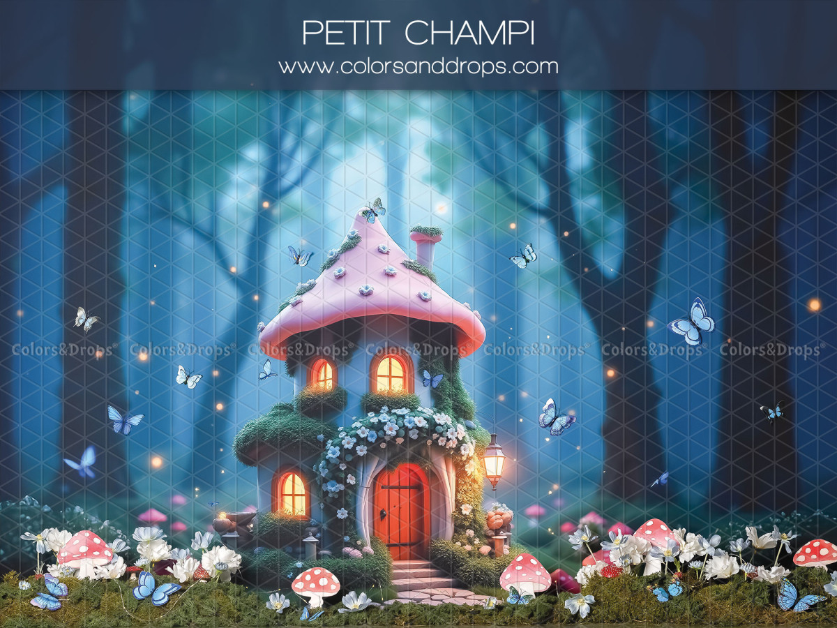 Baby & cake smash photo backdrop Peti Champi – mushroom house in an enchanted night forest | Colors&Drops