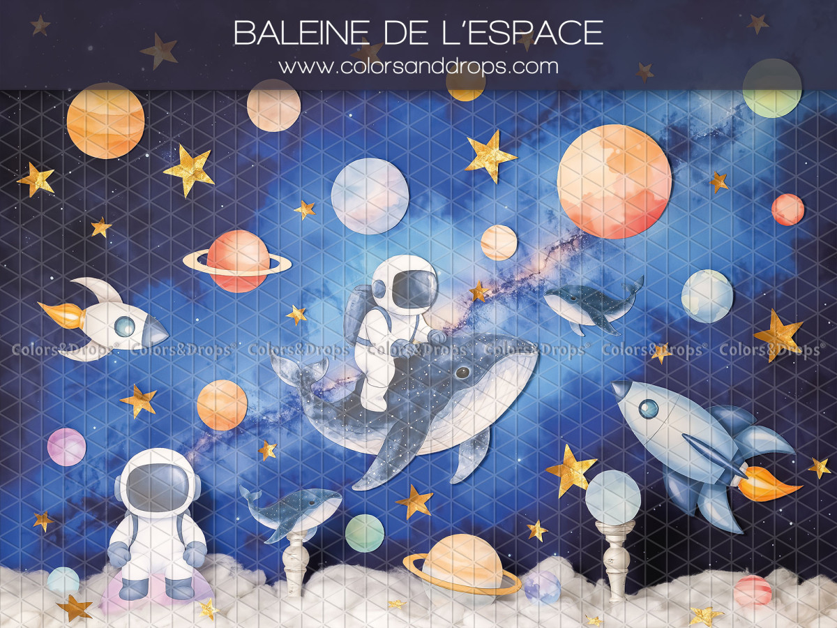 Baby & cake smash photo backdrop Baleine de L'Espace – space scene with whale, astronauts, planets and rockets | Colors&Drops