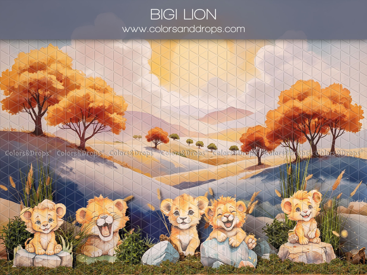 Baby & cake smash photo backdrop Bigi Lion – autumn savanna with lion cubs and orange trees | Colors&Drops
