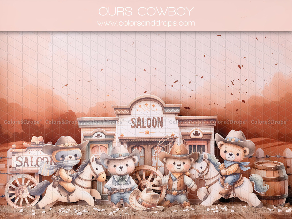 Baby & cake smash photo backdrop Ours Cowboy – western saloon with cowboy bears and horses | Colors&Drops