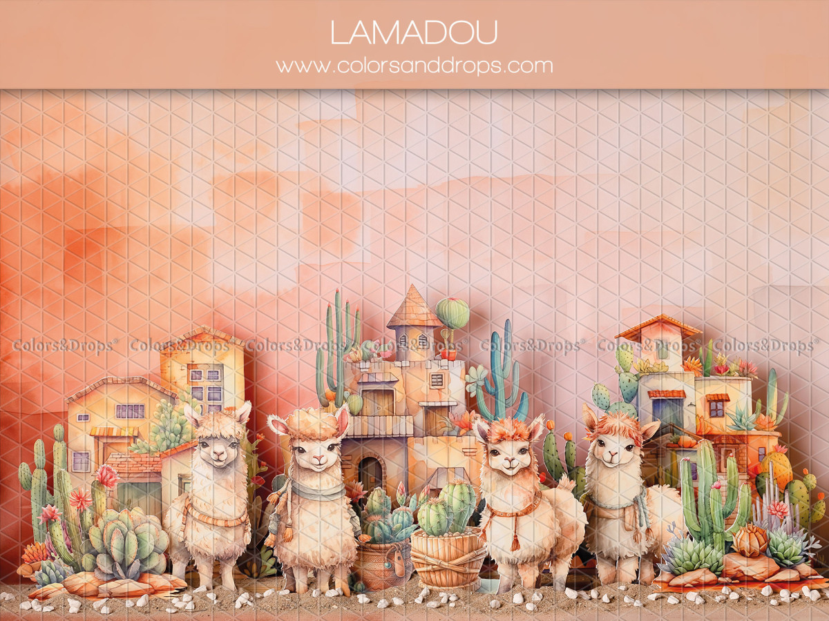 Baby & cake smash photo backdrop Lamadou – Mexican village with llamas and cactus | Colors&Drops