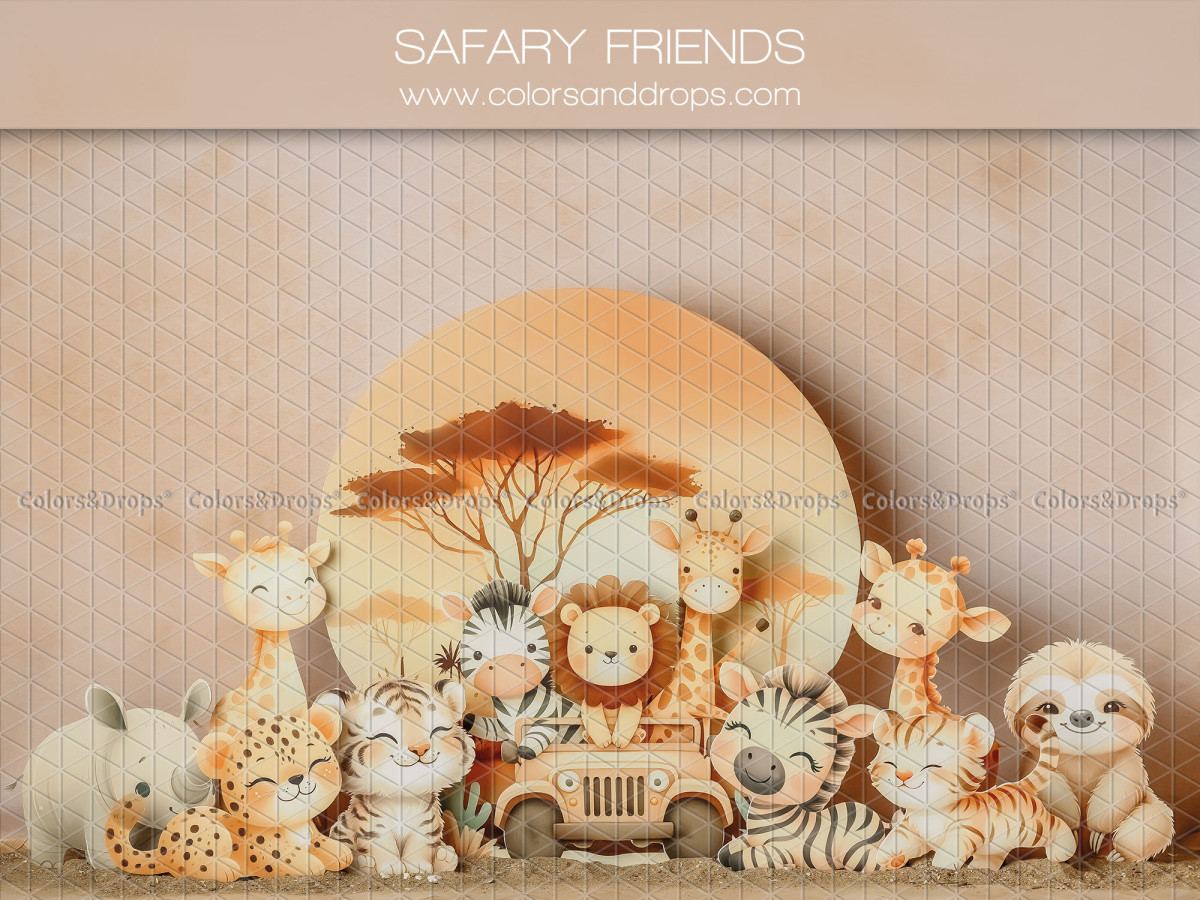 Baby & cake smash photo backdrop Safary Friend – savanna animals in front of a setting sun | Colors&Drops