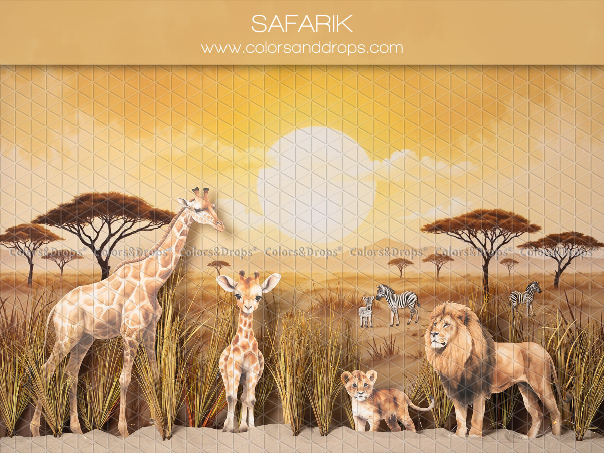 Baby & cake smash photo backdrop Safarik – savanna at sunset with giraffes and lion | Colors&Drops