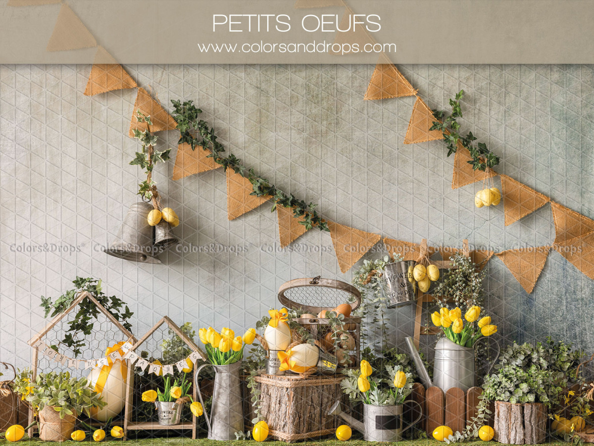 Baby & cake smash photo backdrop Petits Oeufs – Easter set with bunting garland and tulips | Colors&Drops