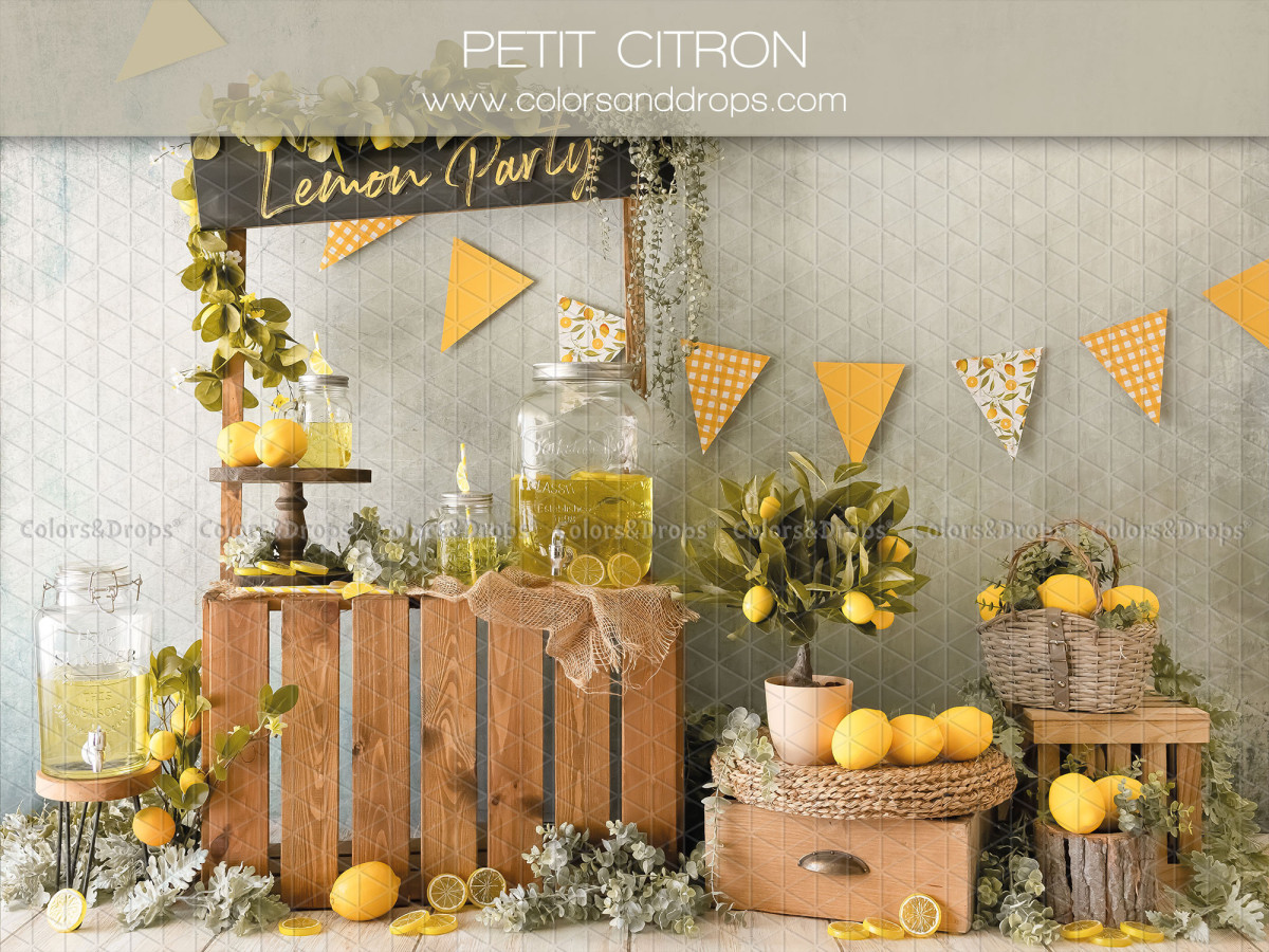Baby & cake smash photo backdrop Petit Citron – lemonade stand with lemons and wooden crates | Colors&Drops