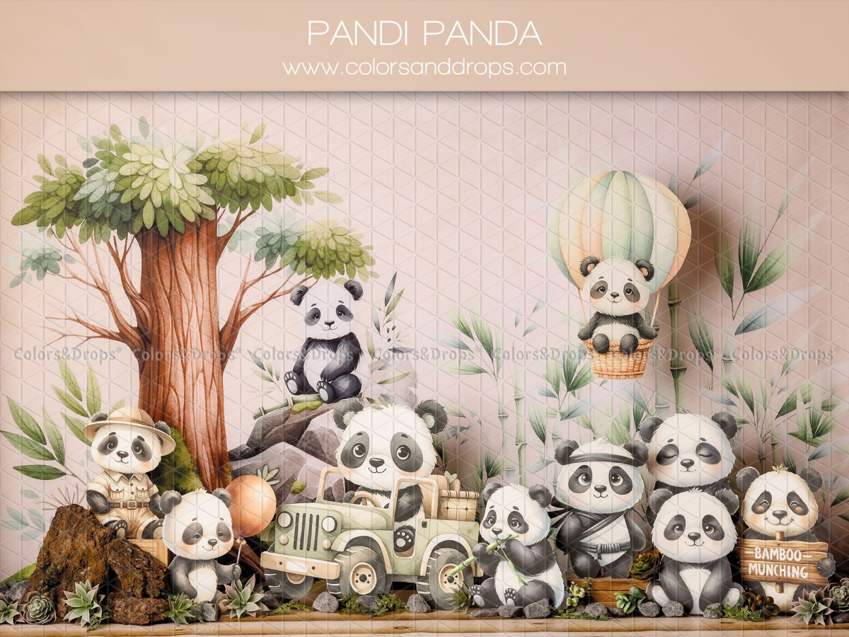 Baby & cake smash photo backdrop Pandi Panda – illustrated pandas with tree, hot-air balloon and jeep on pink | Colors&Drops