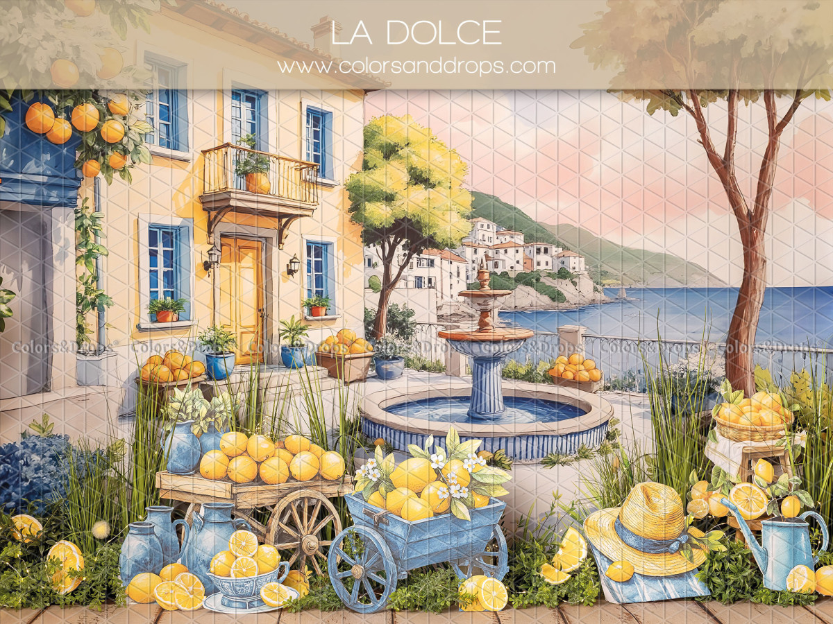 Baby & cake smash photo backdrop La Dolce – mediterranean village with fountain and lemons | Colors&Drops