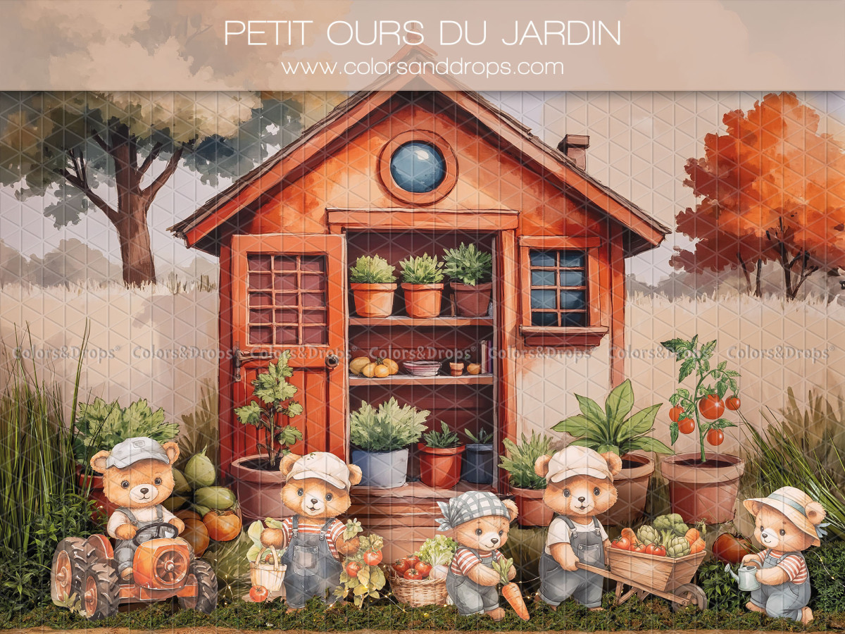 Baby & cake smash photo backdrop Petit Ours du Jardin – red garden shed with gardener teddy bears | Colors&Drops