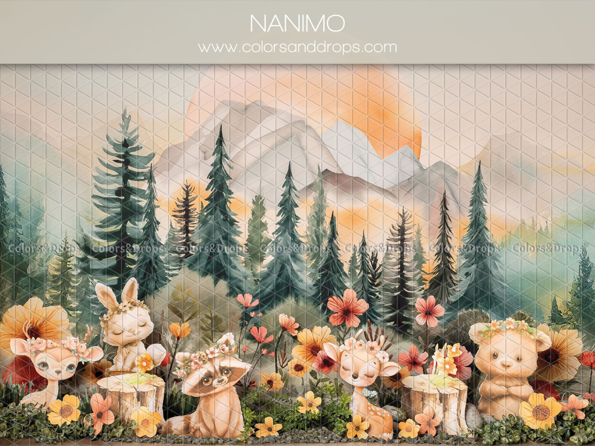 Baby & cake smash photo backdrop Nannimo – mountain forest with animals and flowers | Colors&Drops
