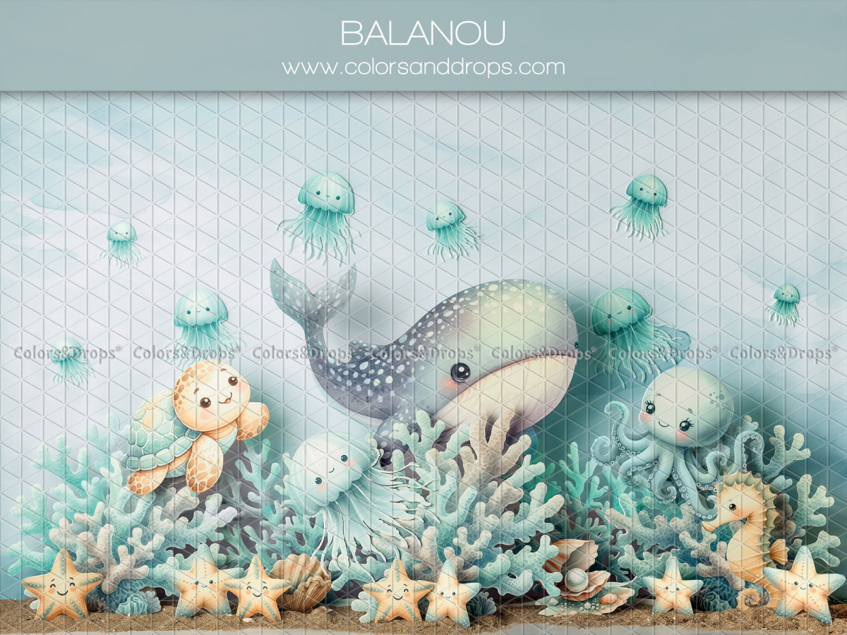 Fond photo bébé et smash cake Balanou – fond marin avec baleine, méduses et coraux | Colors&Drops
