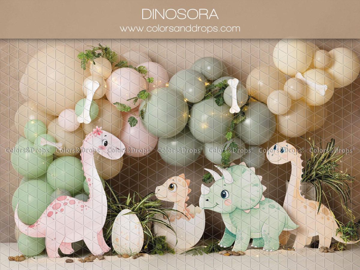 Baby & cake smash photo backdrop Dinosora – sage green balloon arch with dinosaurs | Colors&Drops