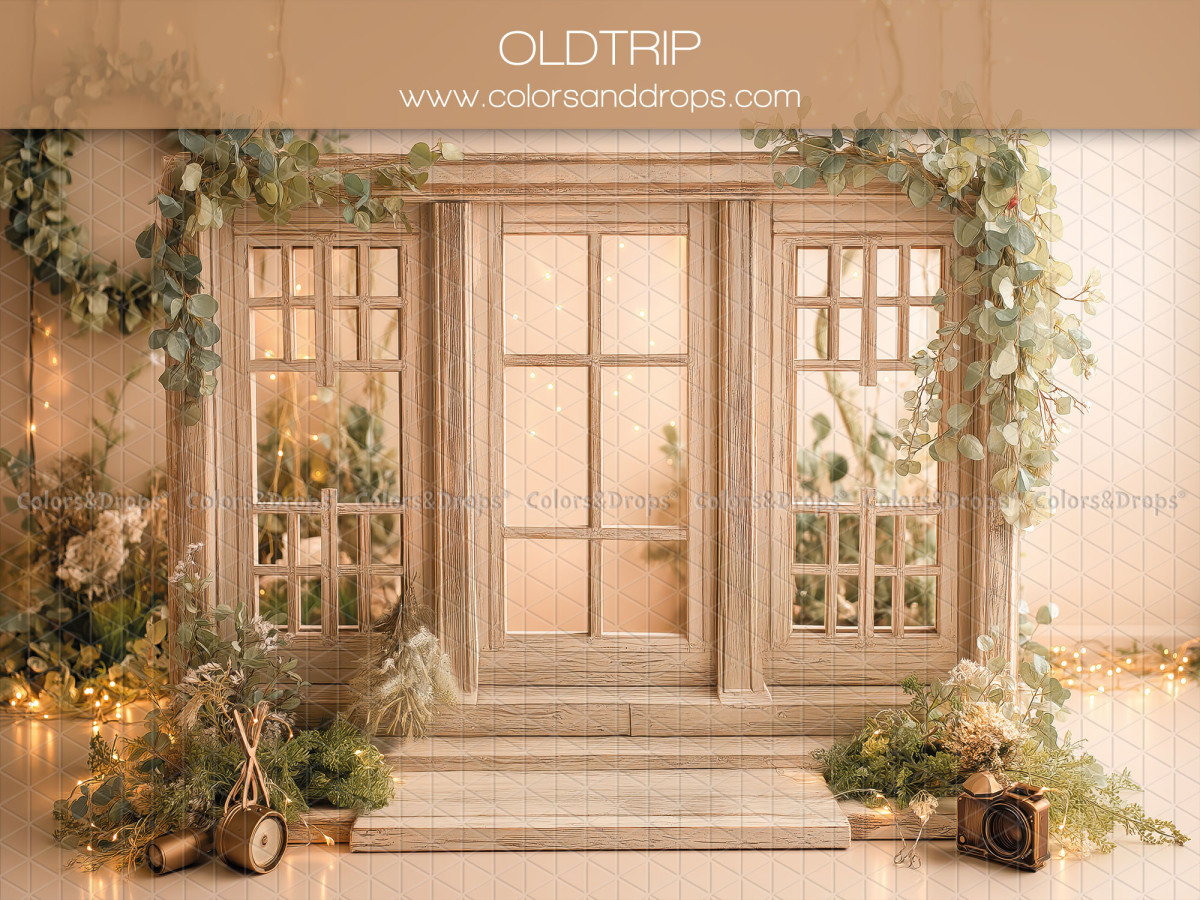 Floral photo backdrop Oldtrip – wooden French door with foliage and lights | Colors&Drops