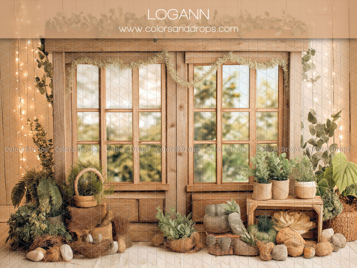 Floral photo backdrop Logann – wooden window with plants and baskets | Colors&Drops