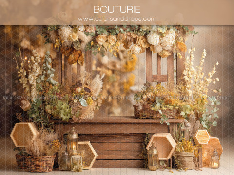 Fond photo bohème Bouturie – mur en bois avec fleurs séchées et étagères hexagonales | Colors&Drops