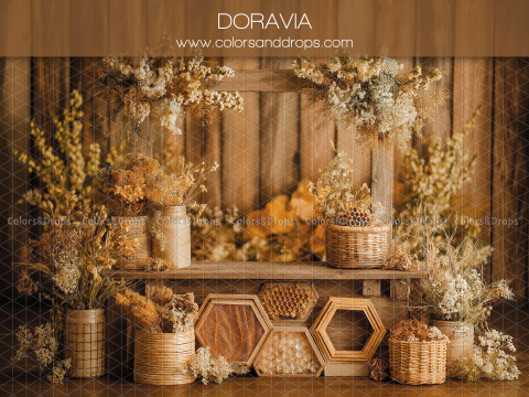Fond photo bohème Doravia – mur en planches avec fleurs séchées et paniers | Colors&Drops