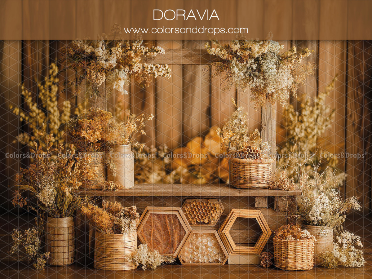 Boho photo backdrop Doravia – plank wall with dried flowers and baskets | Colors&Drops