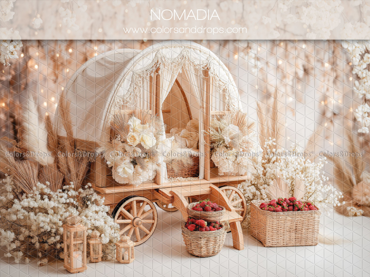 Fond photo bohème Nomadia – roulotte en bois avec macramé et fleurs blanches | Colors&Drops