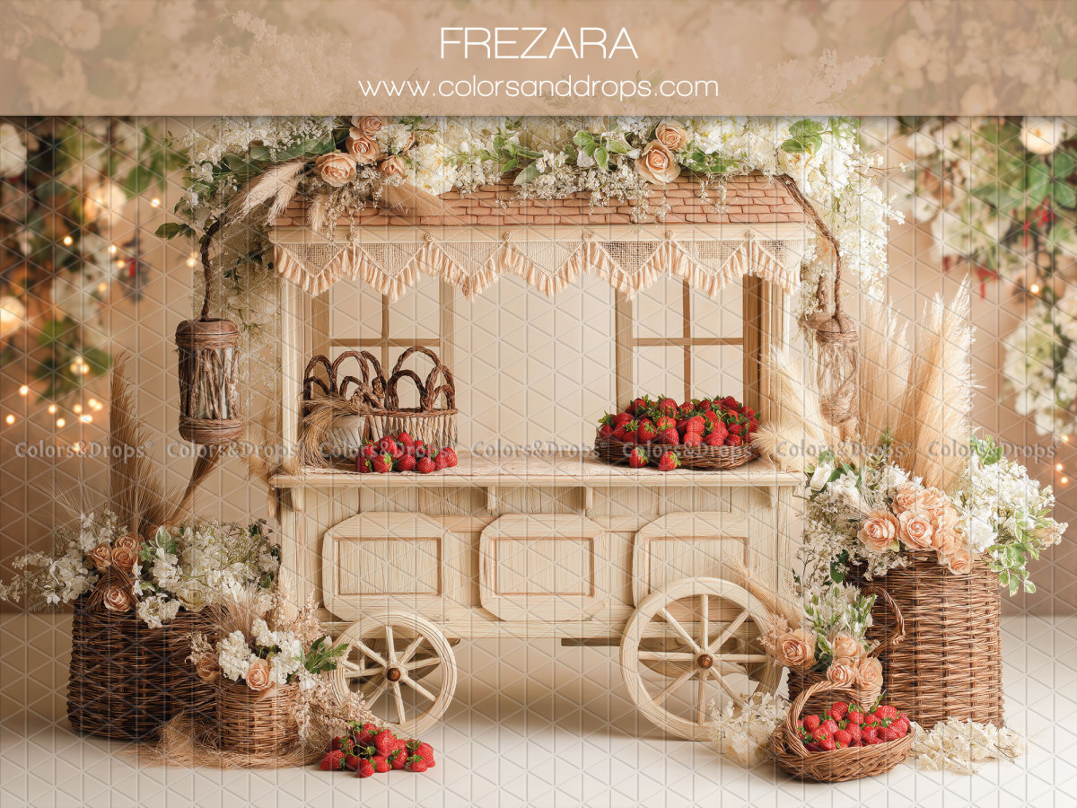 Boho photo backdrop Frezara – white strawberry cart with flowers | Colors&Drops