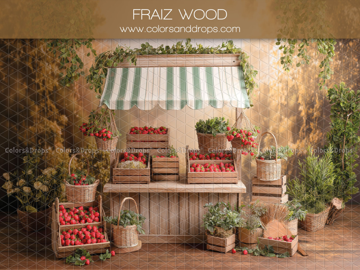 Floral photo backdrop Fraiz Wood – strawberry stall with green striped awning | Colors&Drops