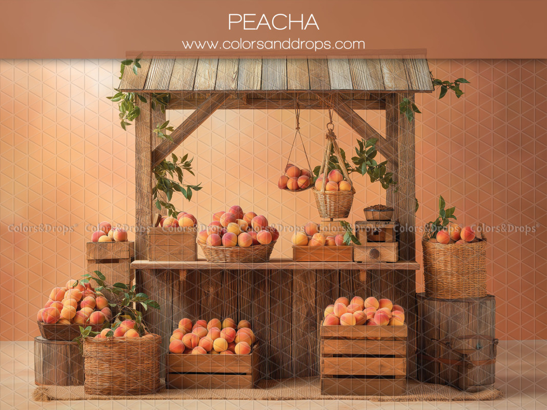 Floral photo backdrop Peacha – wooden peach stall against an orange wall | Colors&Drops