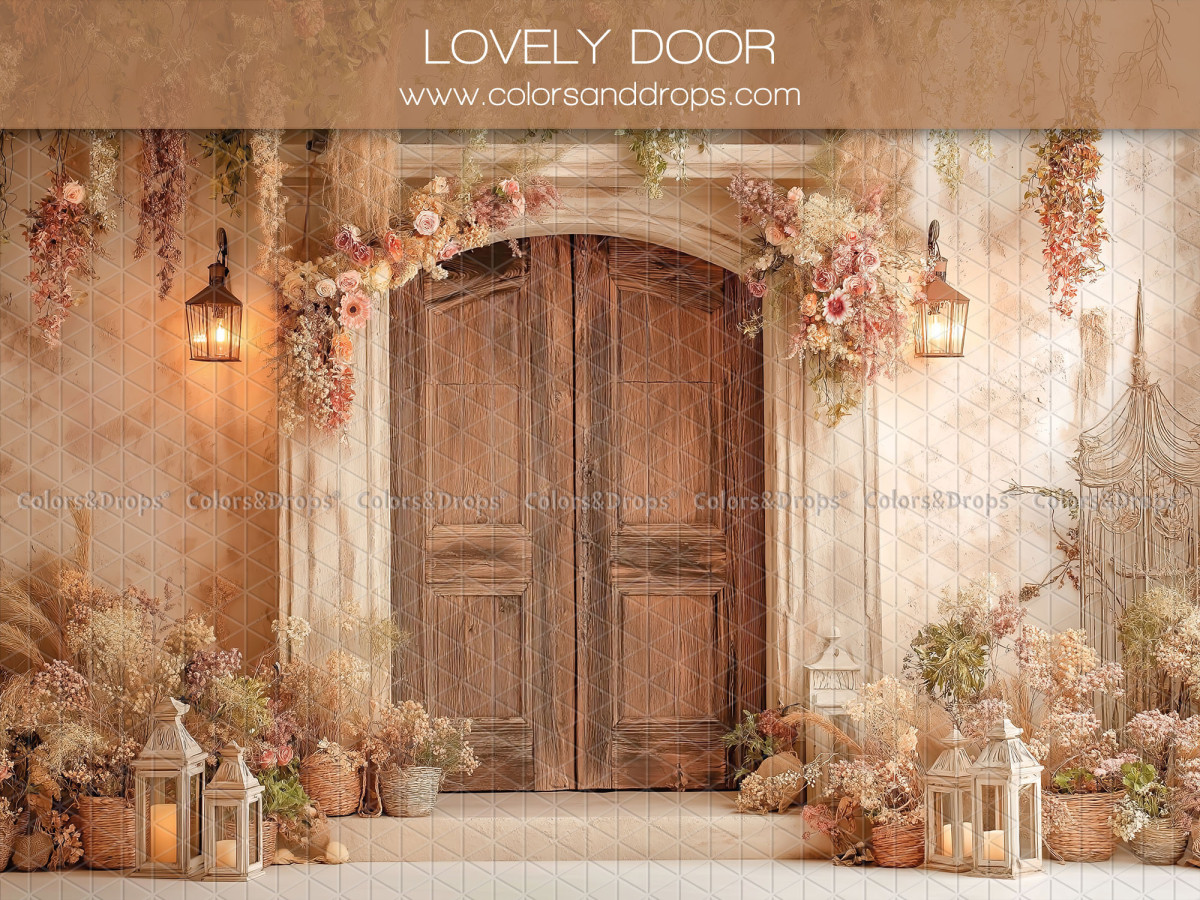 Fond photo bohème Lovely Door – porte cintrée en bois avec fleurs séchées | Colors&Drops