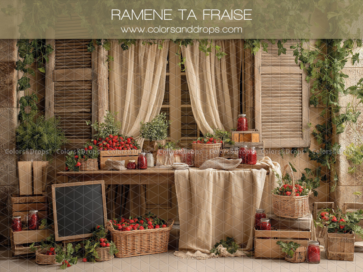 Floral photo backdrop Ramene Ta Fraise – strawberry table in front of window with shutters and curtains | Colors&Drops