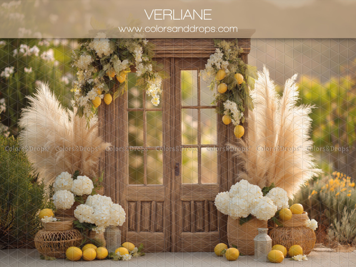 Boho photo backdrop Verliane – wooden door with pampas grass, hydrangeas and lemons | Colors&Drops