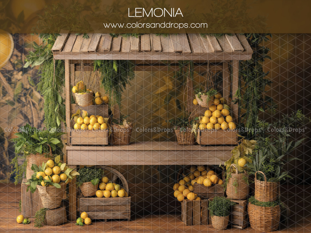 Floral photo backdrop Lemonia – wooden lemon stall with plants | Colors&Drops