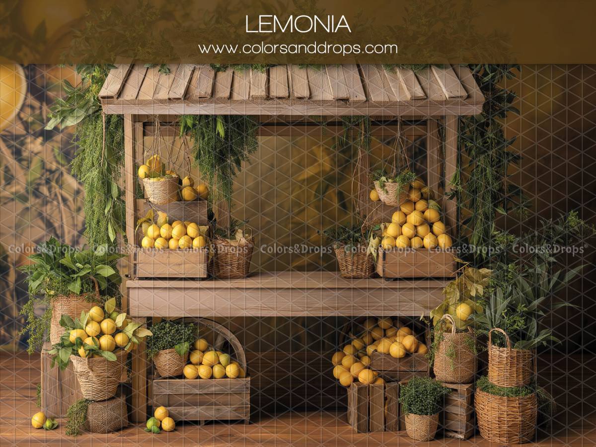 Floral photo backdrop Lemonia – wooden lemon stall with plants | Colors&Drops