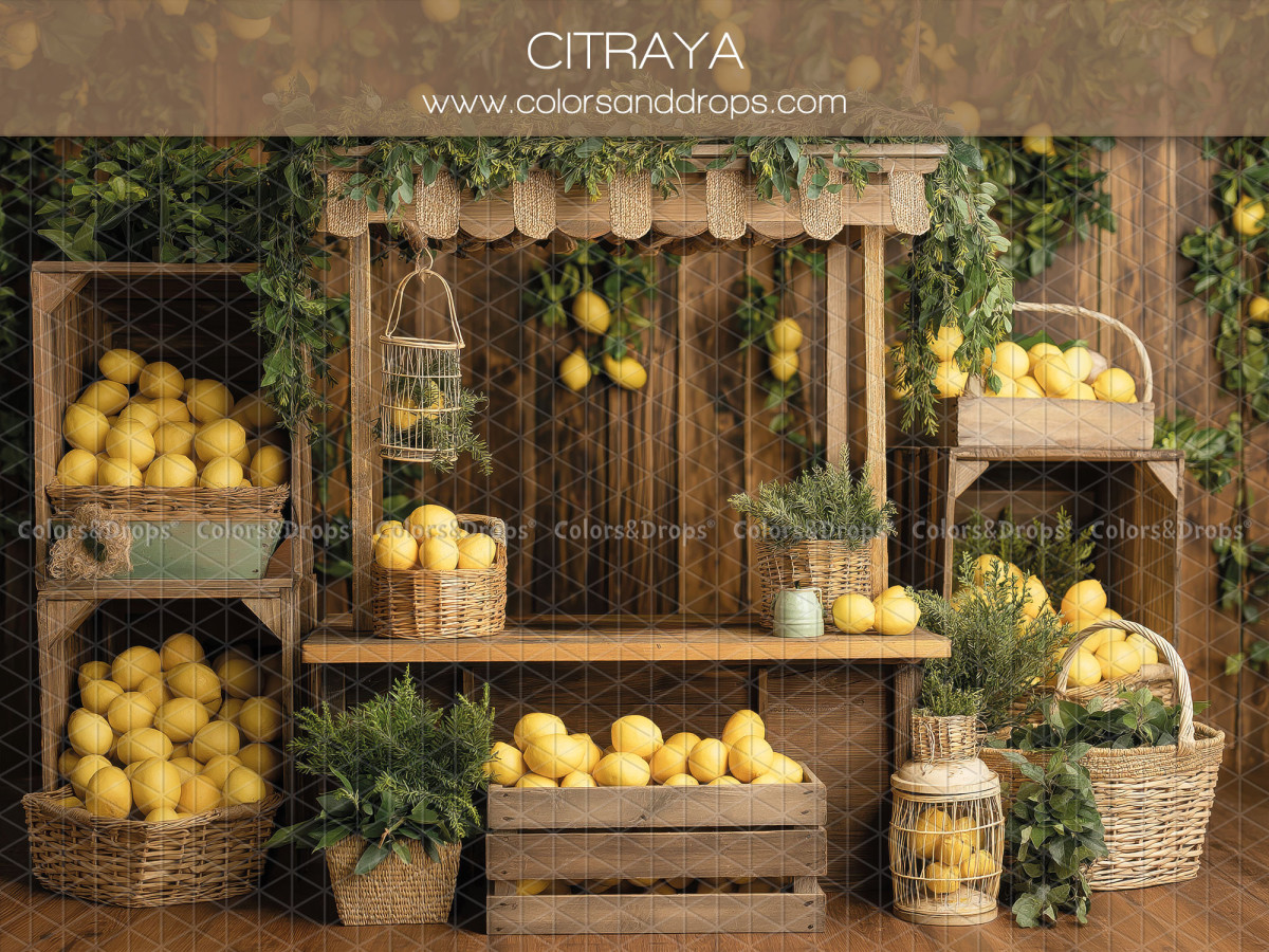 Floral photo backdrop Citraya – wooden shelves filled with lemons and plants | Colors&Drops