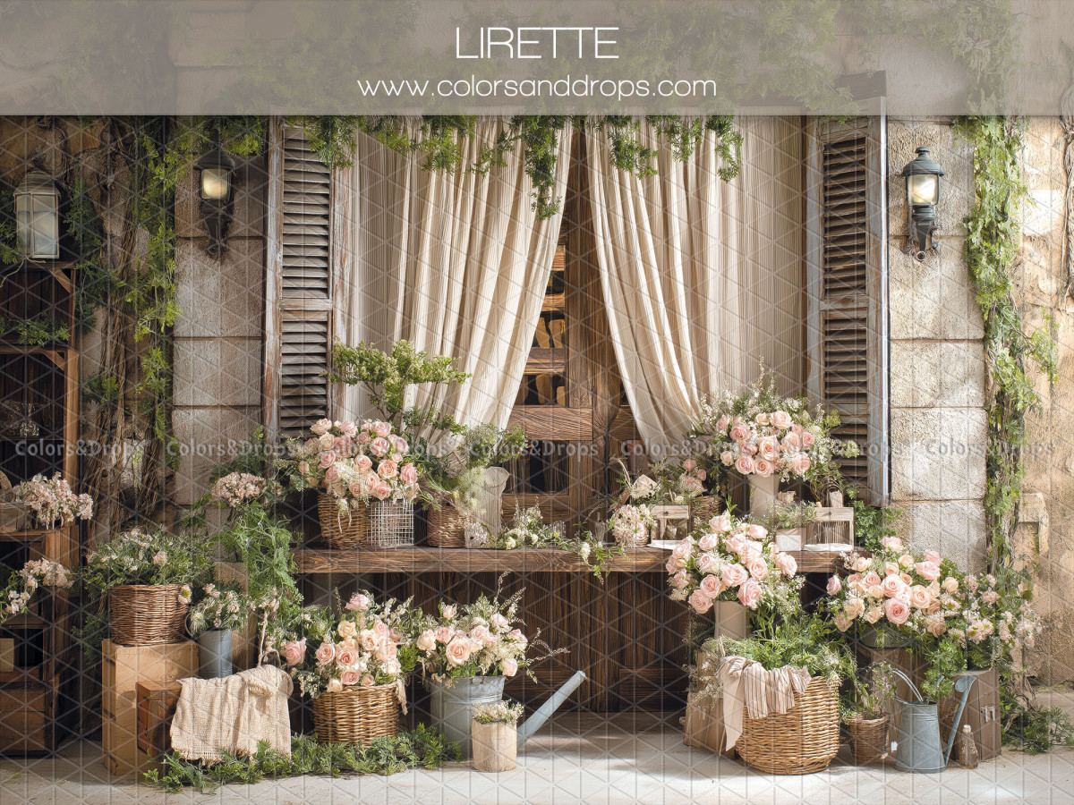 Floral photo backdrop Lirette – shuttered windows with curtains and pink flowers | Colors&Drops