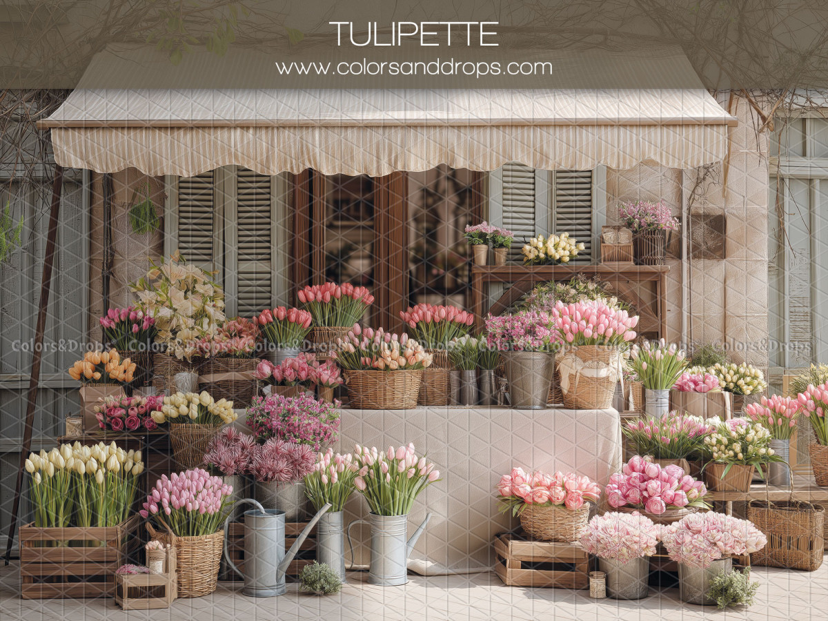 Floral photo backdrop Tulipette – flower shop with awning and buckets of flowers | Colors&Drops