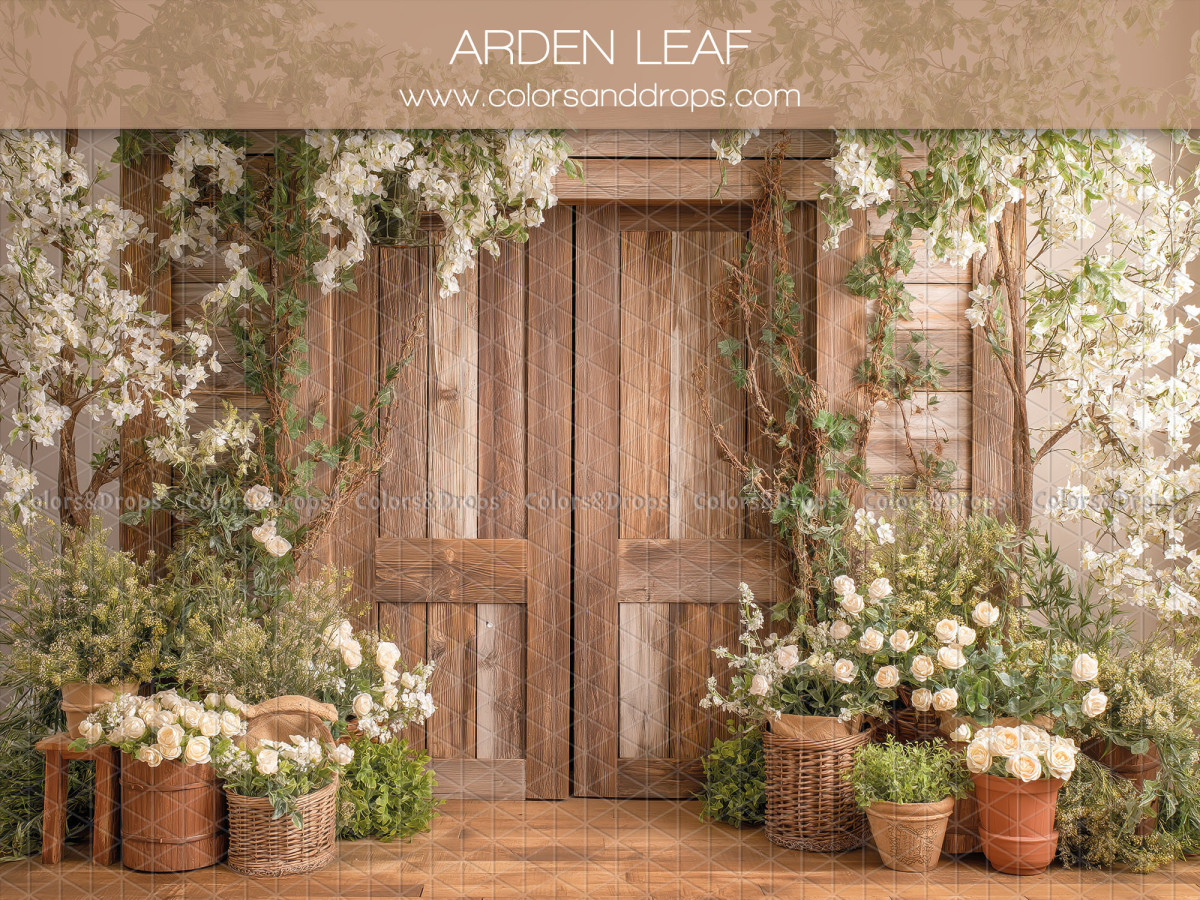 Floral photo backdrop Arden Leaf – wooden barn doors with white flowers | Colors&Drops