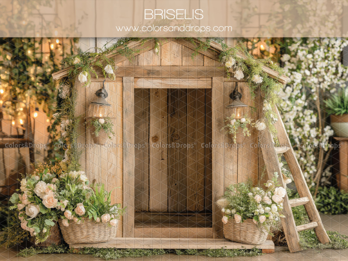 Fondo fotográfico floral Briselis – caseta de jardín de madera con escalera y rosas | Colors&Drops