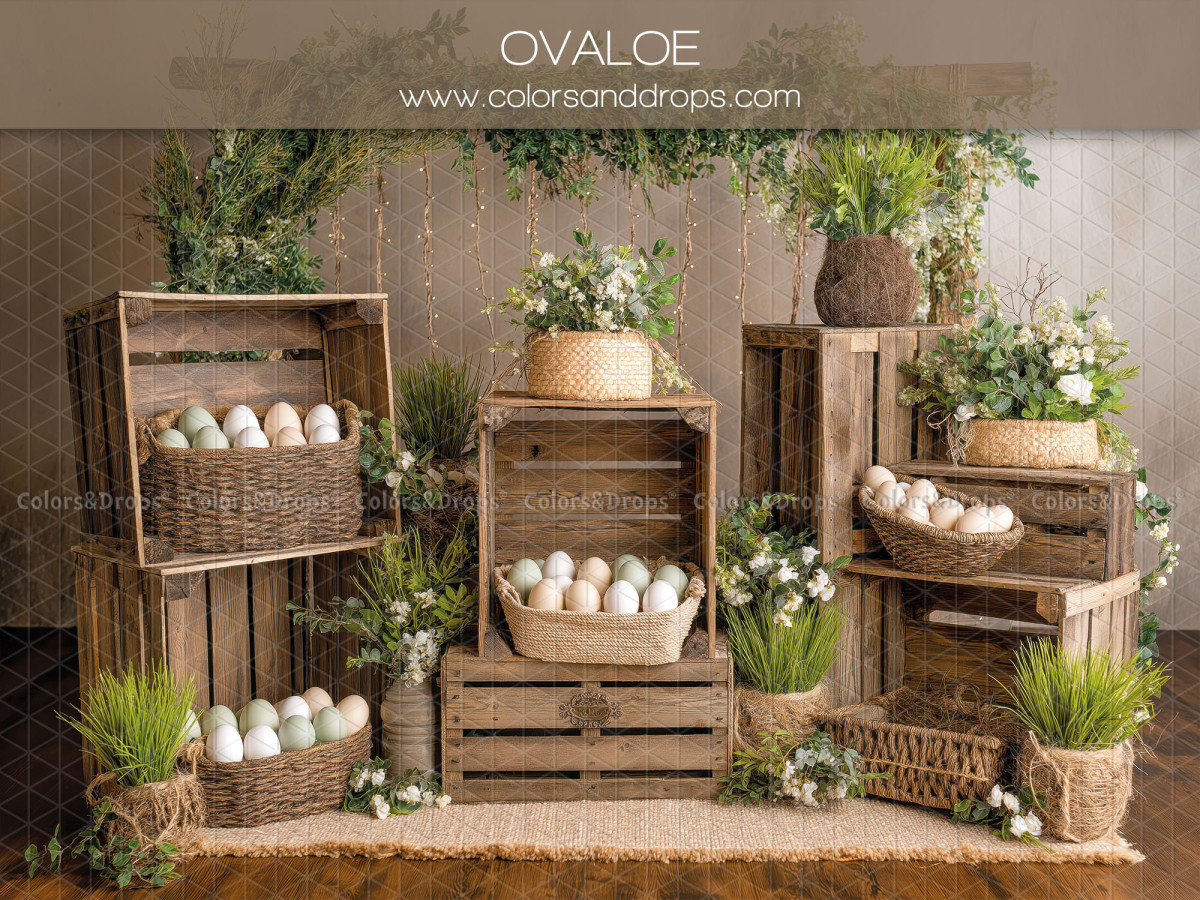 Easter photo backdrop Ovaloe – stacked wooden crates with eggs and plants | Colors&Drops