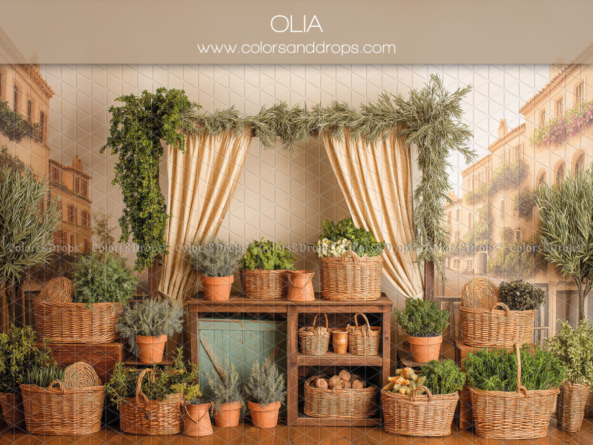 Floral photo backdrop Olia – curtains and shelf with potted plants and baskets | Colors&Drops