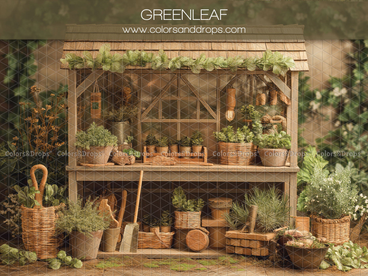 Floral photo backdrop Greenleaf – gardener's potting shed with plants and baskets | Colors&Drops