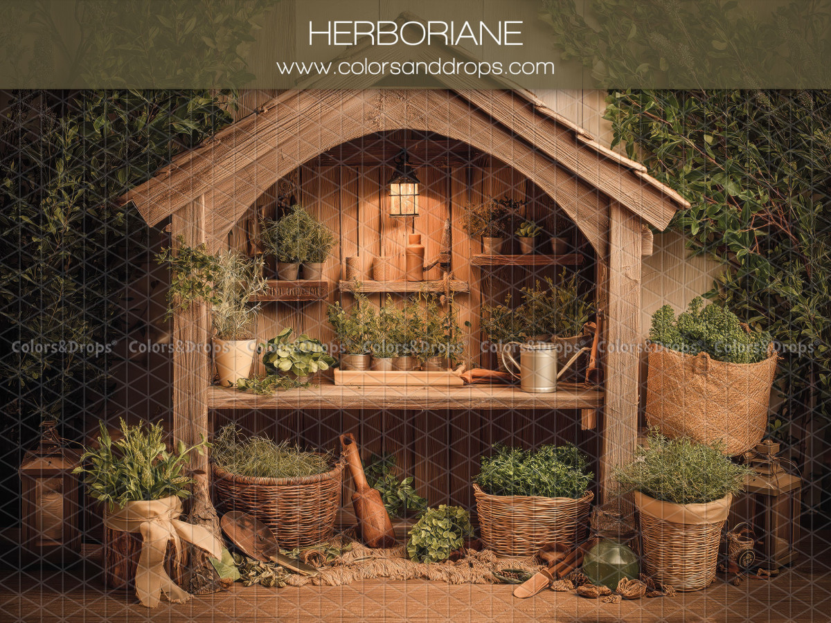 Fondo fotográfico floral Herboriane – caseta de jardín de madera con plantas en macetas | Colors&Drops