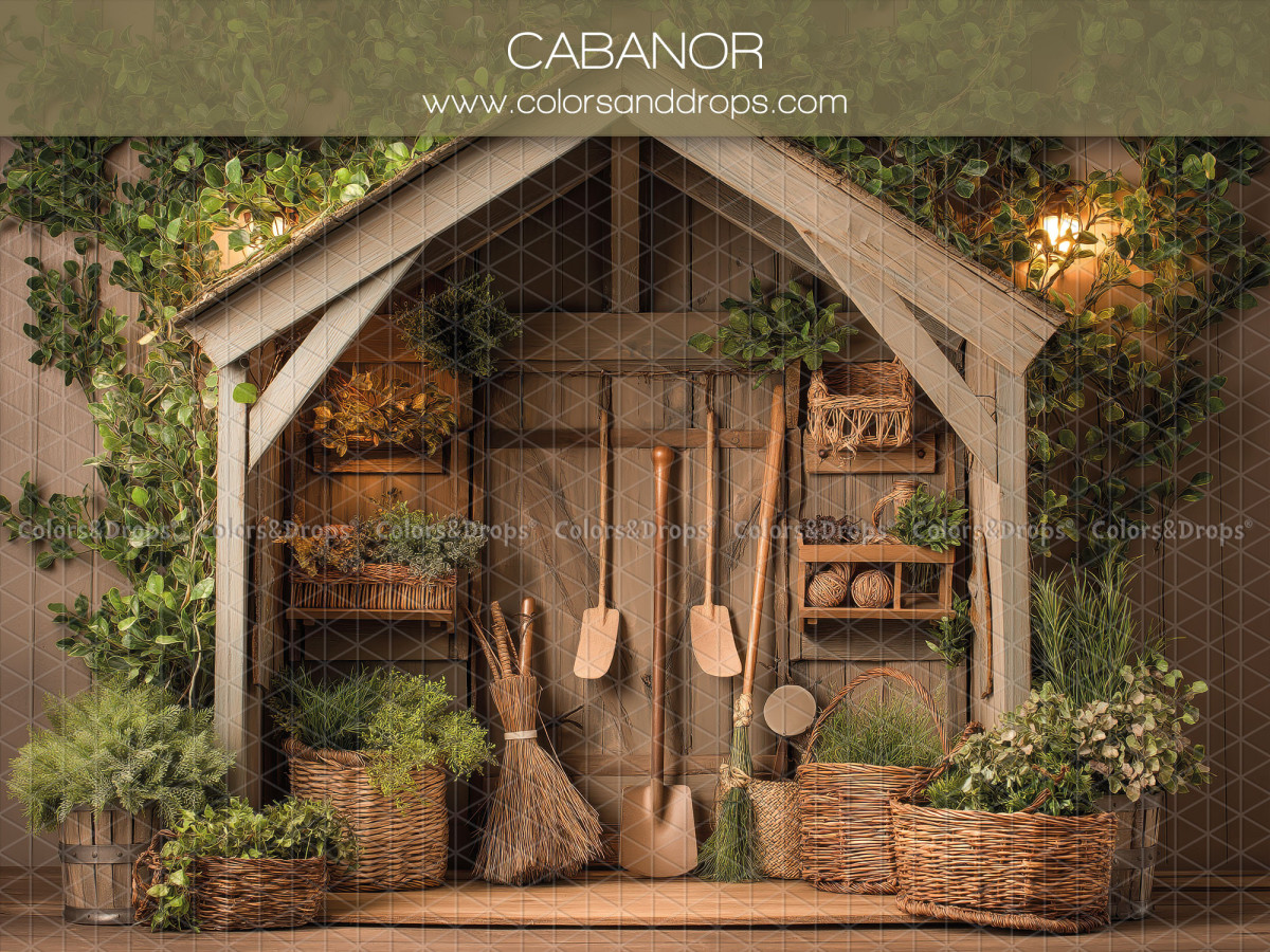 Floral photo backdrop Cabanor – garden shed with hanging tools and baskets | Colors&Drops