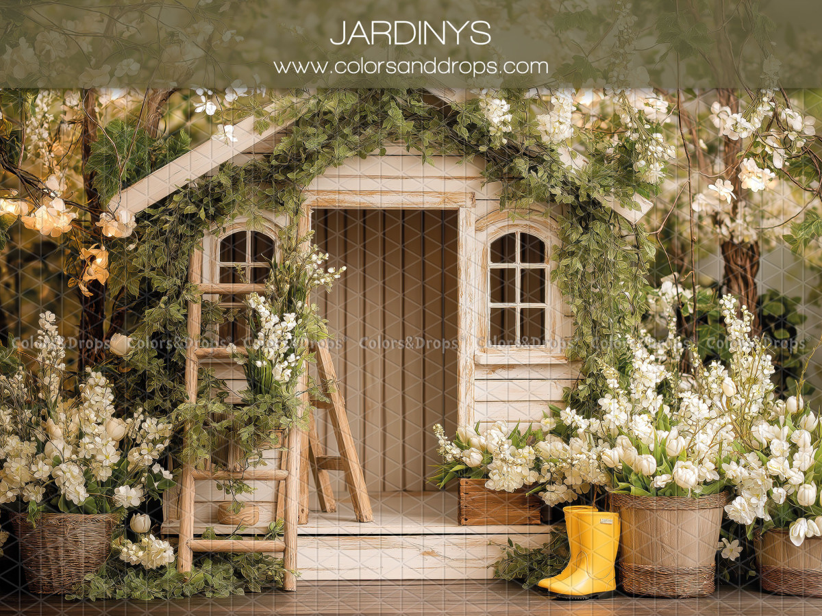 Fondo fotográfico floral Jardinys – cabaña blanca florida con botas amarillas | Colors&Drops